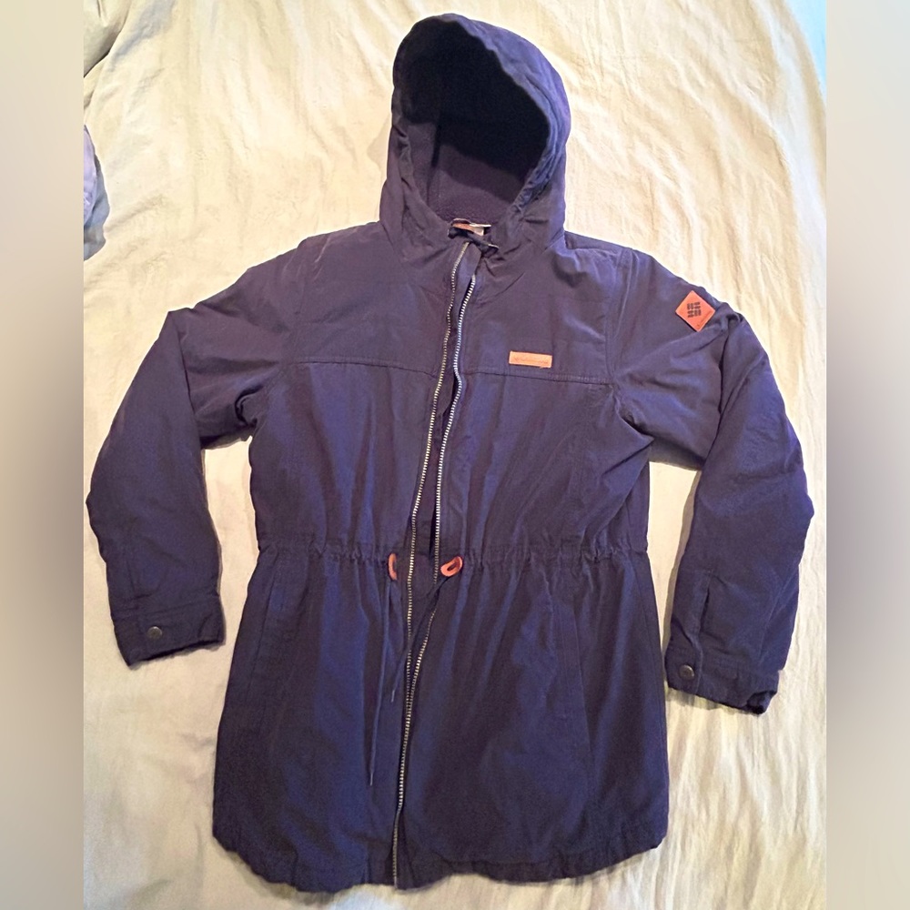 COLUMBIA Parka Jacket NAVY Quilted FLEECE Lined Hooded Women Leather Detail EUC